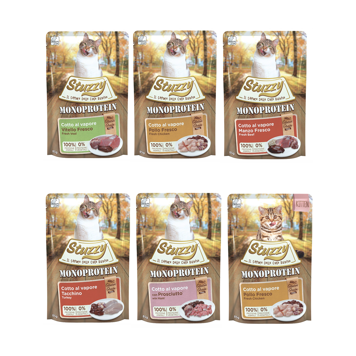 Pack 5 sabores + 1 sabor para gatitos Stuzzy Monoproteico Sin Cereales